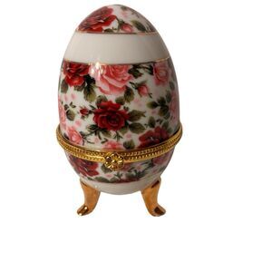 Collectible Porcelain Pink, Maroon, White Floral Egg Trinket Box, Gold Legs. 4”